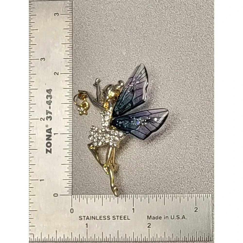 Fairy Brooch Pin with Acrylic Wings and Rhinestones Whimsical Jewelry Gift
